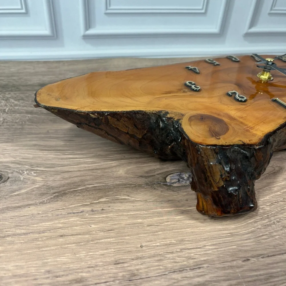 Live Edge Wood Epoxy Wall Clock Brown Glossy Resin Rustic Slab